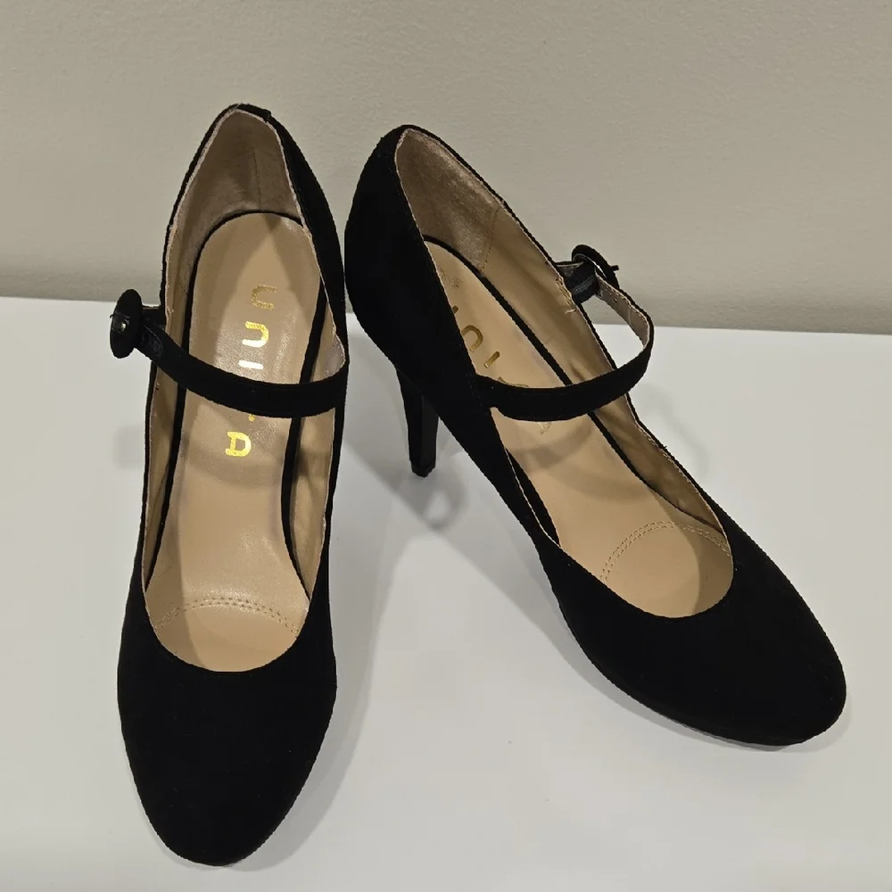 Unisa Black Suede Mary Jane Pumps with Ankle Strap